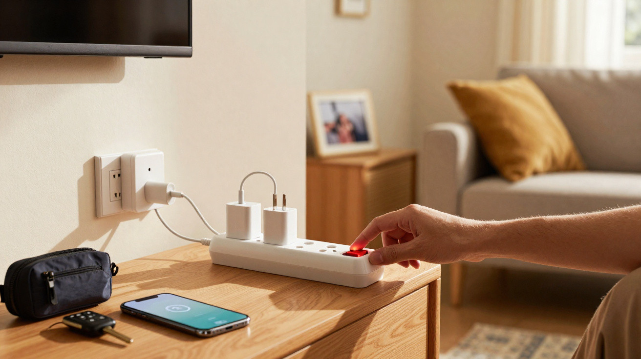 Hand schaltet Steckdosenleiste auf Holztisch mit Handy, Autoschlüssel, Tasche im Wohnzimmer ein.