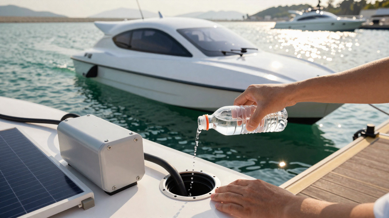Person füllt mit Wasserflasche einen Tank auf einem Boot mit Solarmodul auf, weißes Boot im Hintergrund.