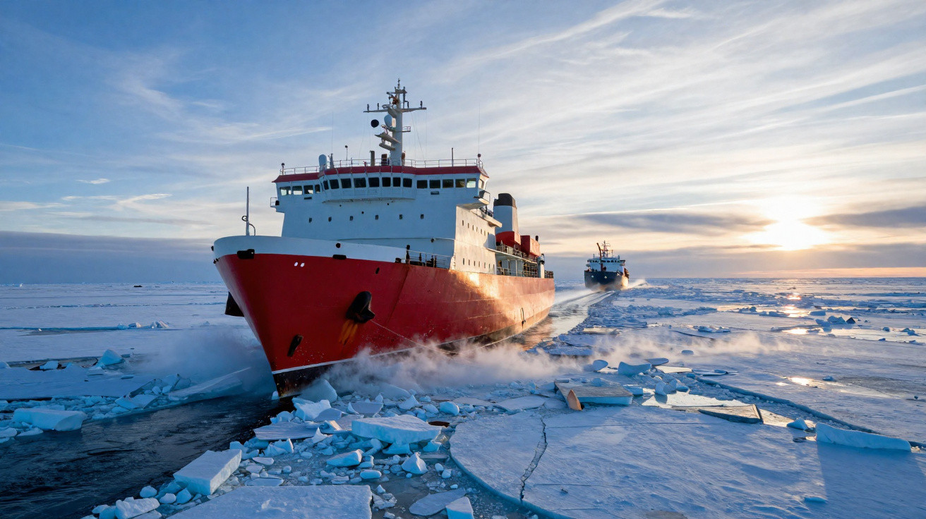 Eisbrecher fährt durch gefrorene arktische Gewässer bei sonnigem Himmel im späten Abendlicht.