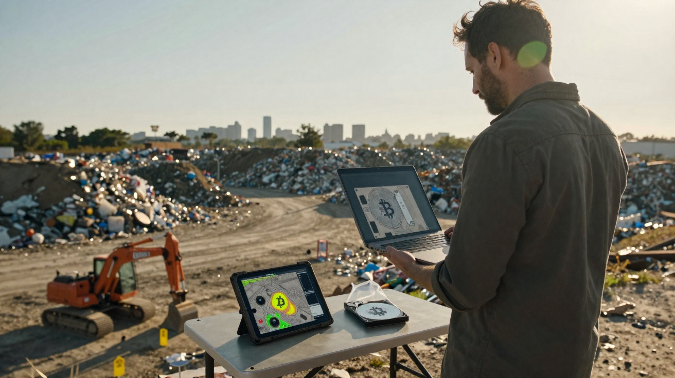 Mann mit Laptop und Tablet vor Müllhalde, auf Bildschirmen Bitcoin-Symbole zu sehen.