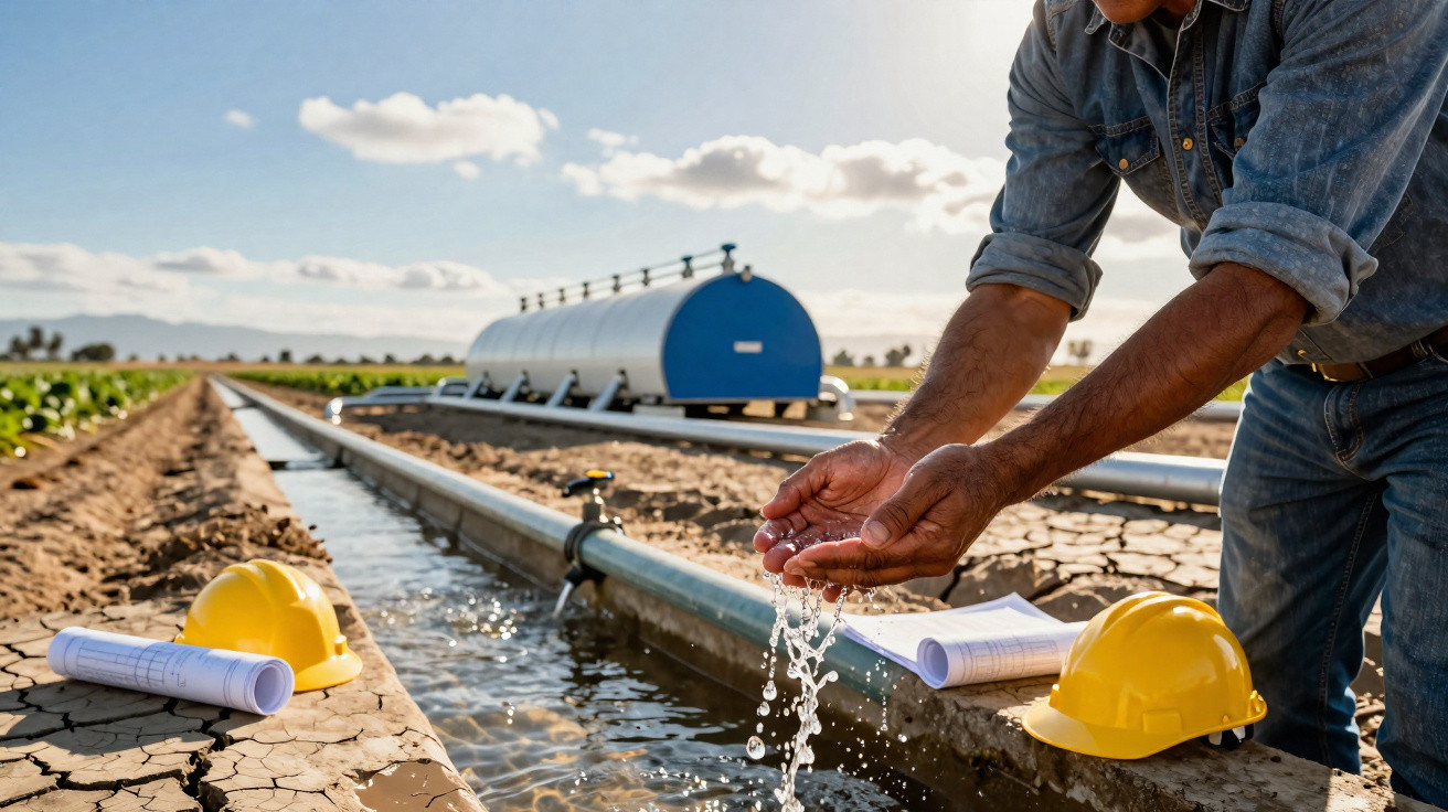 Mann prüft Wasserfluss in Bewässerungskanal auf trockenem Acker, Bauhelme und Pläne liegen daneben.