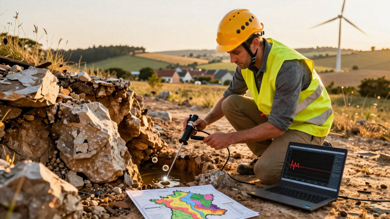 Geologe mit Schutzhelm misst Gesteinsschichten im Freien, Karte und Laptop mit Messdaten daneben.
