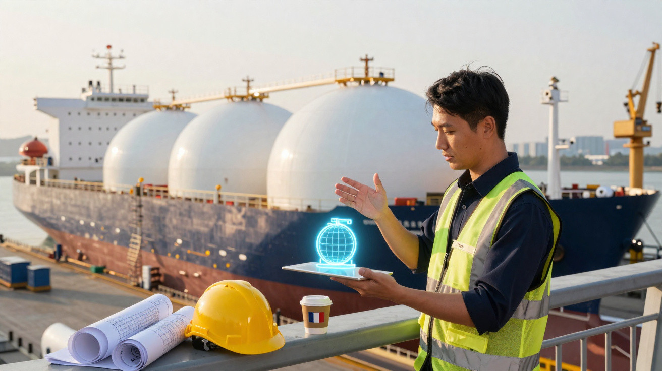 Ingenieur mit Tablet und digitaler Weltkugel vor Flüssiggastanker im Hafen bei Sonnenuntergang.