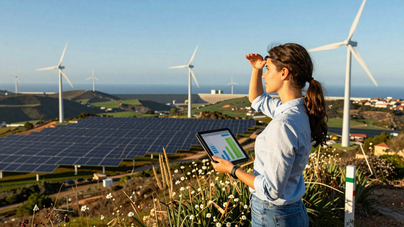 Frau mit Tablet vor Solarpanels und Windrädern, blickt in die Ferne auf grünem Hügel.