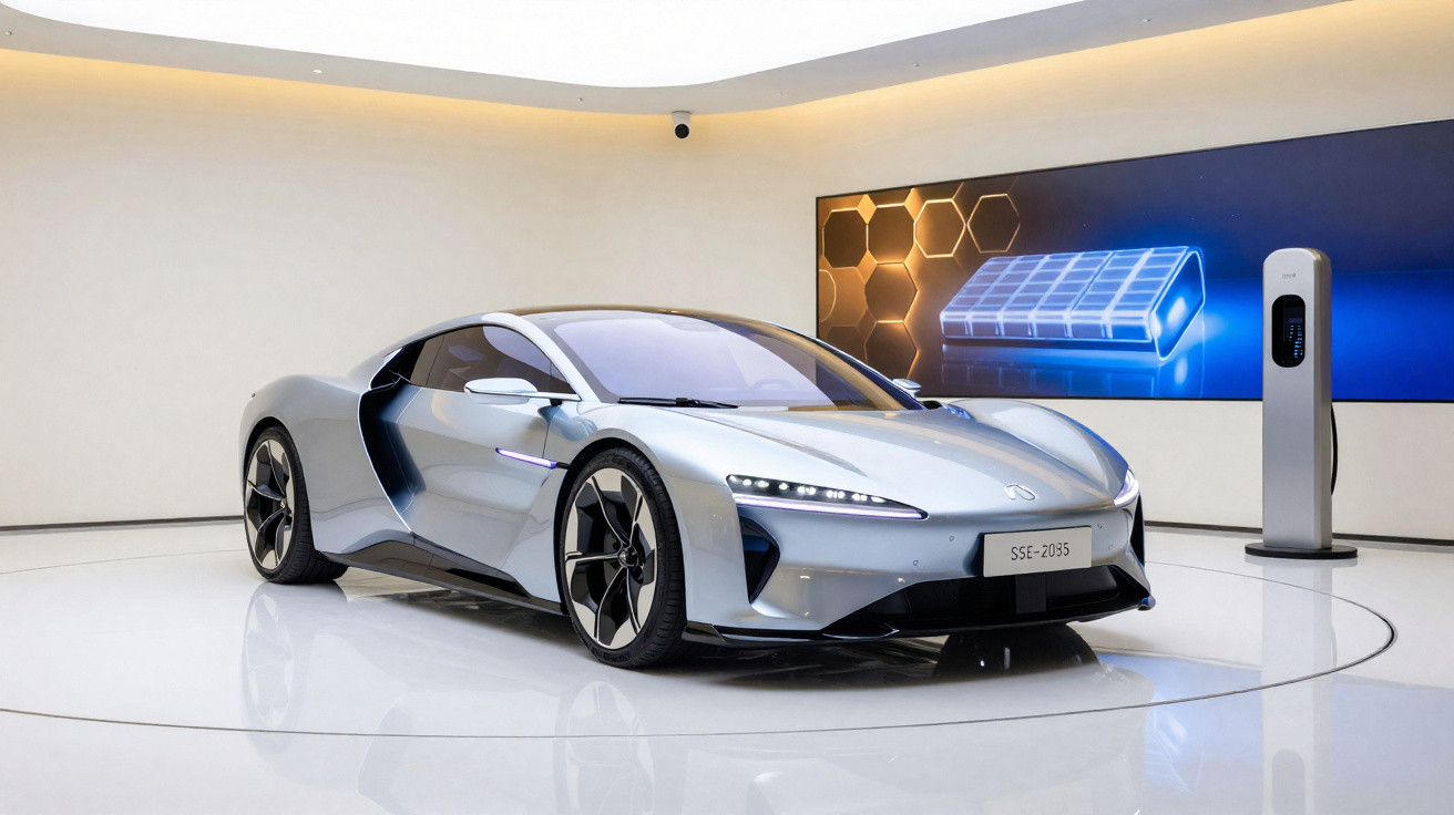 Silberner Elektro-Sportwagen auf runder Bühne in modernem Ausstellungsraum mit Ladestation und Bildschirm.