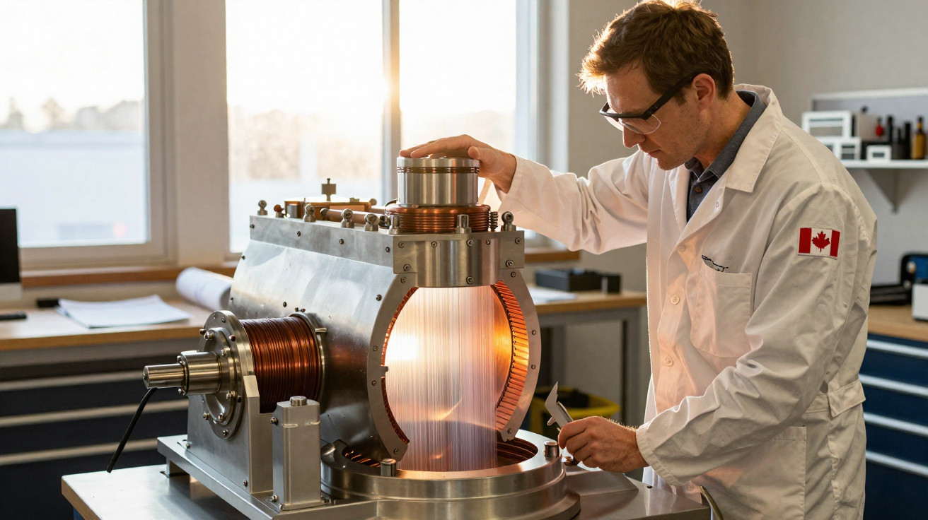 Wissenschaftler im weißen Laborkittel arbeitet an komplexem wissenschaftlichen Gerät mit Kupferspulen im Labor.