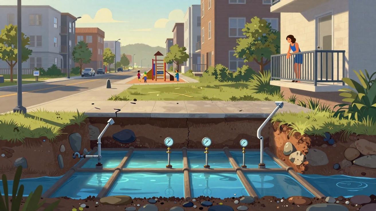 Illustration einer Straßenszene mit Spielplatz, Häusern und unterirdischem Wasserrohrsystem mit Messgeräten.