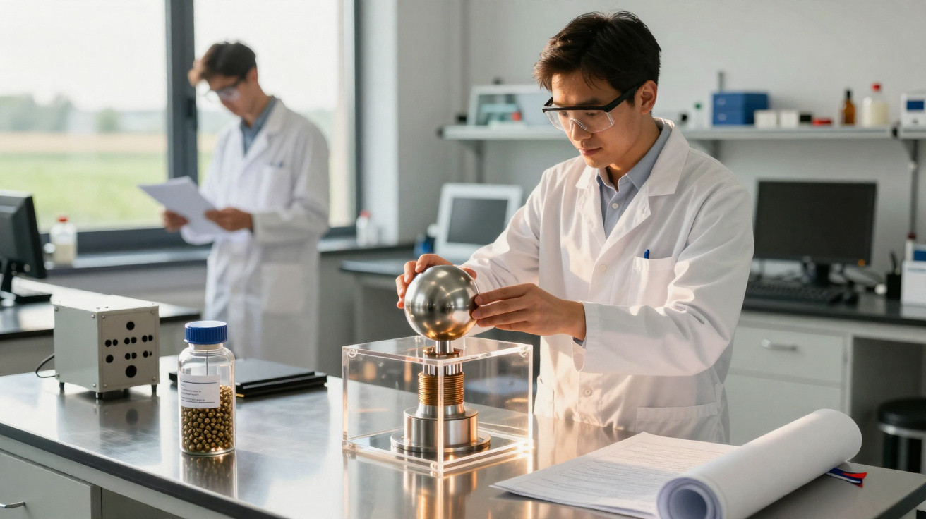 Zwei Wissenschaftler in weißen Kitteln arbeiten mit Laborgeräten in einem modernen Laborraum.