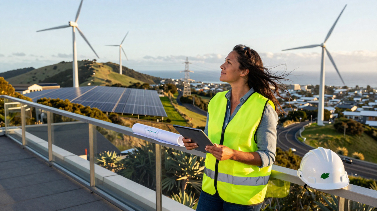 Ingenieurin mit Warnweste beobachtet Windräder und Solarpanels im Freien, hält Tablet und Pläne in der Hand.
