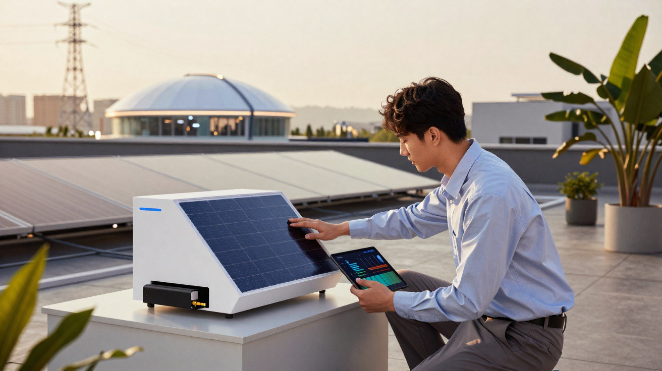Mann im Büro prüft mit Tablet Daten an kleinem Solarmodul auf einem Dach bei Sonnenuntergang.