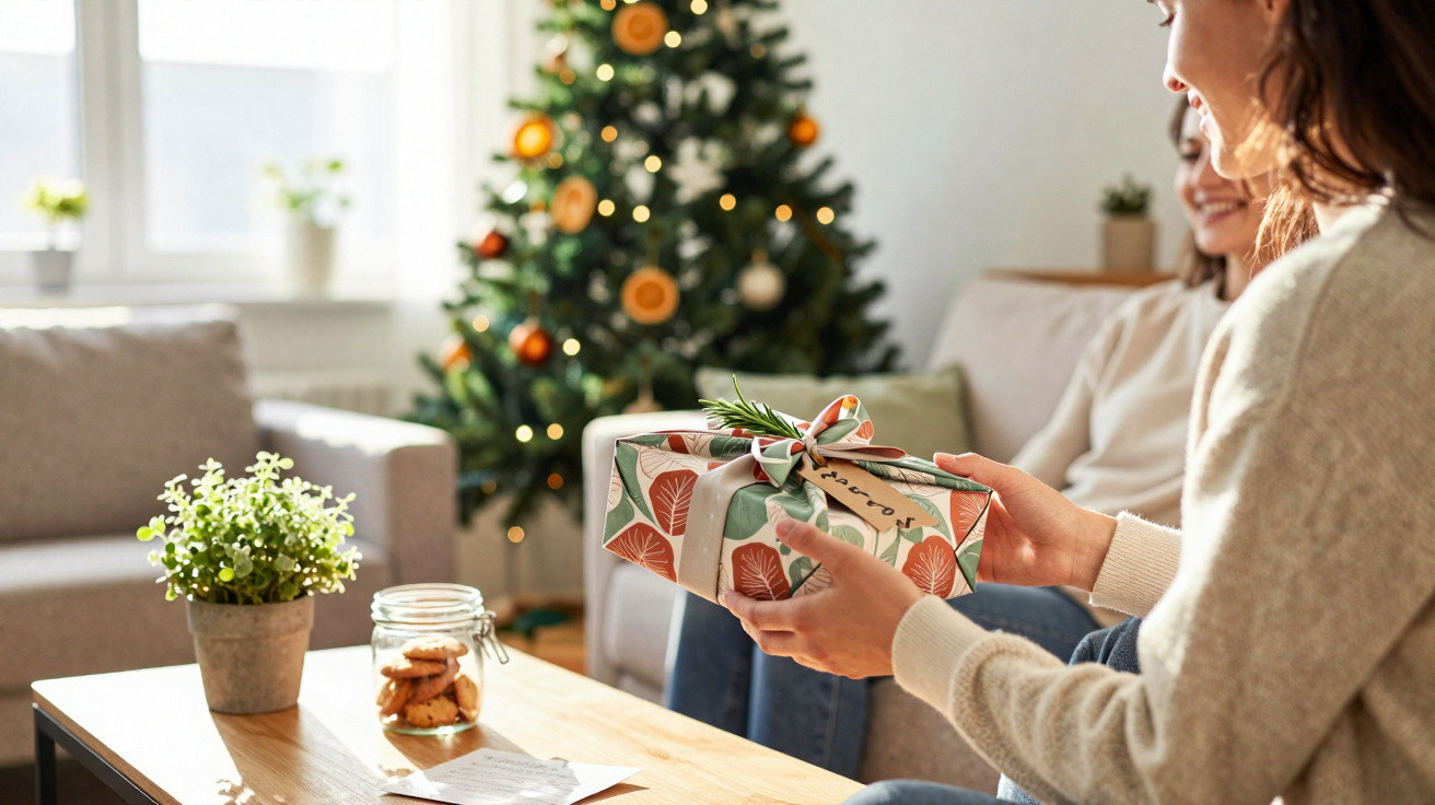 Frau hält ein Geschenk vor einem weihnachtlich geschmückten Baum, im Hintergrund sitzt eine zweite Person auf dem Sofa.