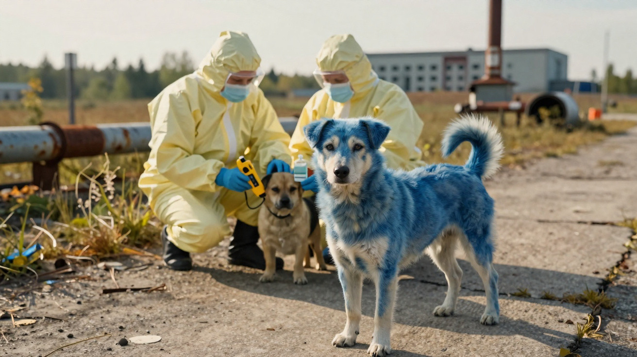 Zwei Personen in Schutzanzügen untersuchen Hunde im Freien auf einem Betonweg bei sonnigem Wetter.