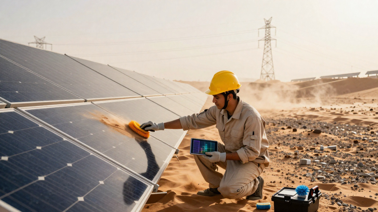 Techniker mit Schutzhelm reinigt Solarpanels in Wüstenlandschaft und überprüft Daten auf Tablet.