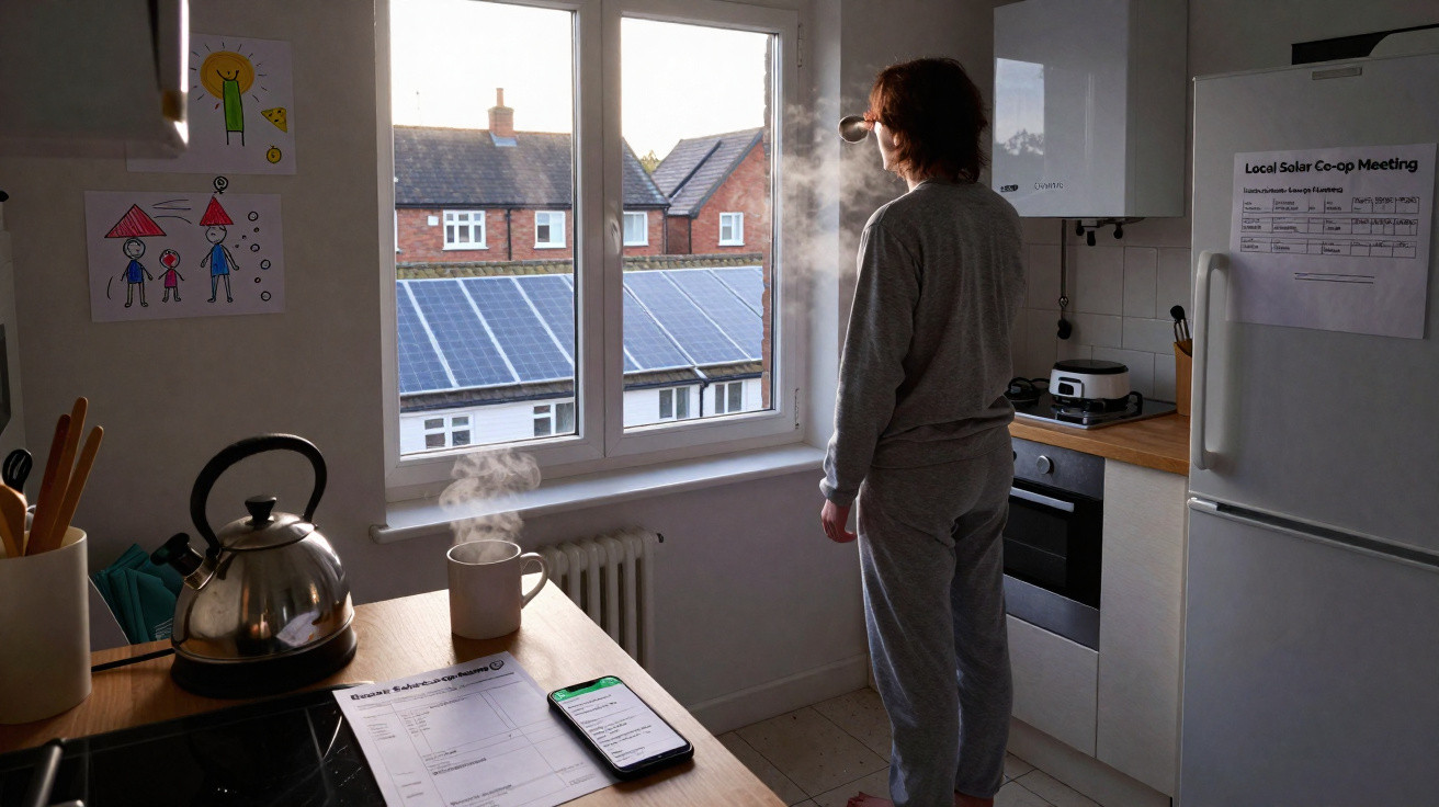 Person in grauem Pyjama schaut auf solarbedeckte Häuser, dampfende Tasse und Smartphone auf Küchentisch.