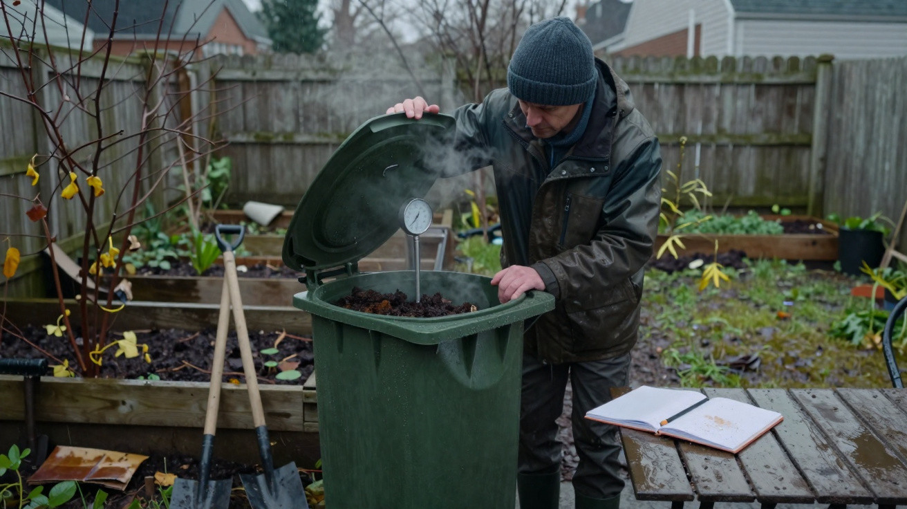 Mann überprüft Temperatur in Kompostbehälter im Garten, umgeben von Gartengeräten und Beetkästen.