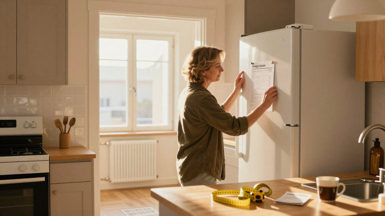 Frau bringt Energiesparliste am Kühlschrank in einer hellen Küche mit Holzoberflächen an.