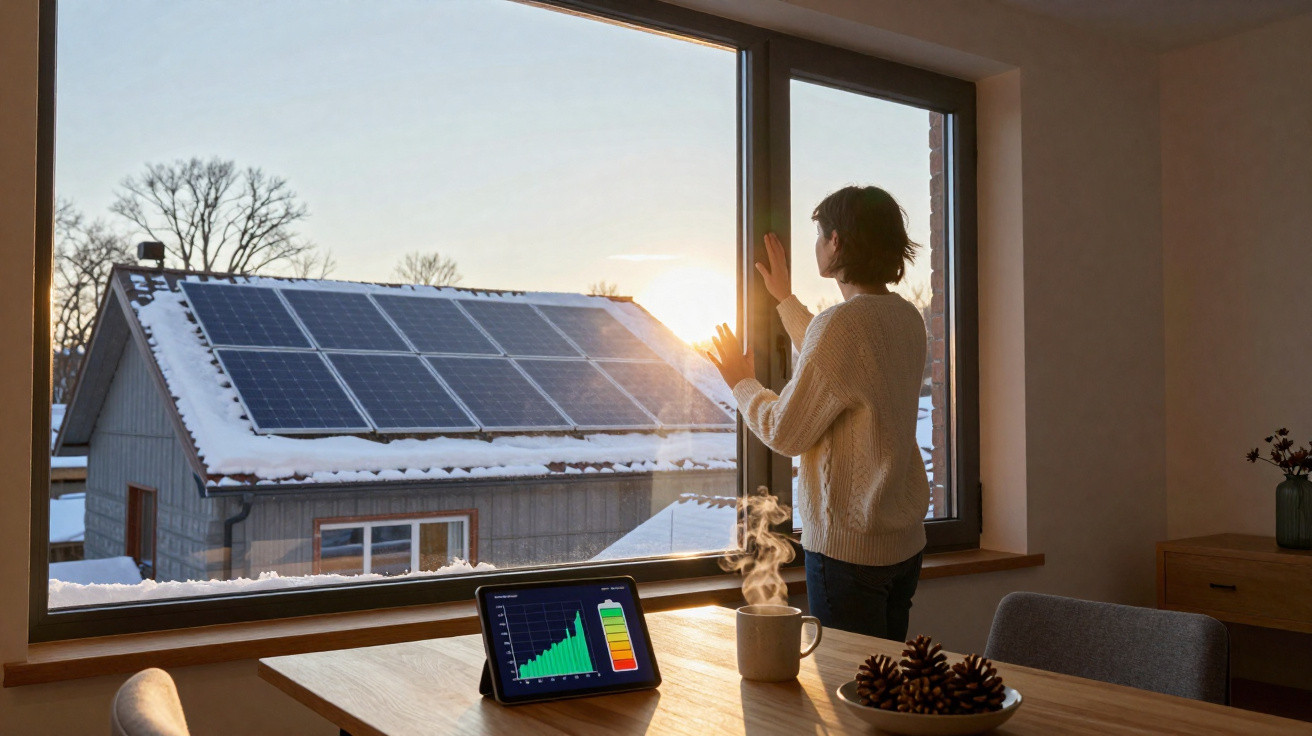 Frau im Pullover steht am Fenster, Blick auf Haus mit Solarpanelen im Schnee, Tablett zeigt Energiespardaten.
