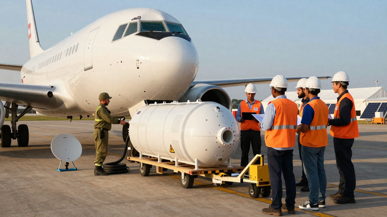Fünf Arbeiter mit Schutzhelmen und Westen prüfen einen großen Behälter vor einem Flugzeug auf dem Flugfeld.
