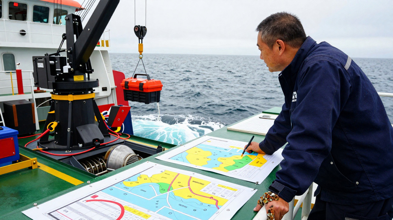 Mann auf Schiff analysiert Seekarten neben Ladekran und Meer im Hintergrund bei bewölktem Wetter.