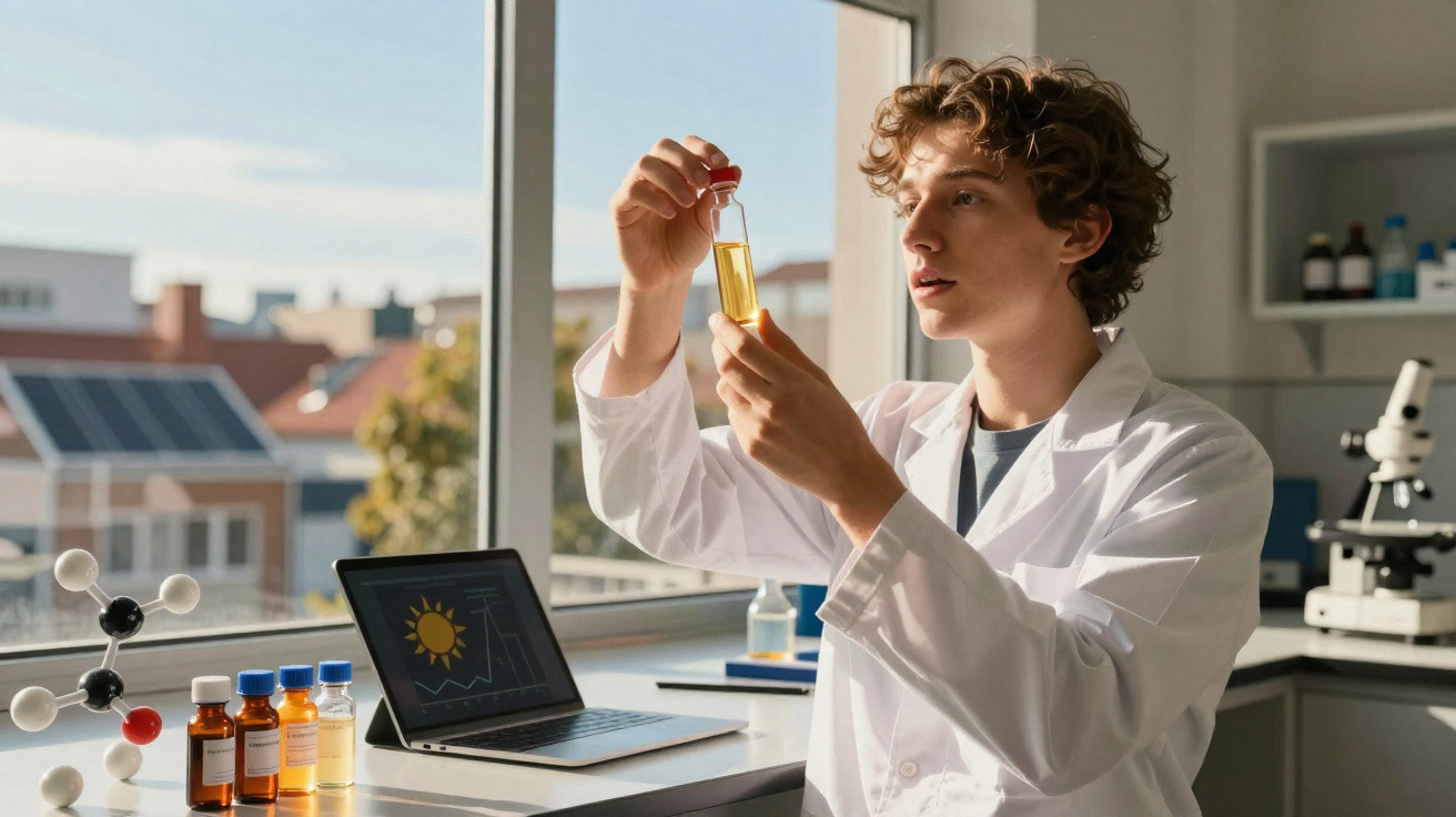 Junger Wissenschaftler im weißen Kittel untersucht eine Probe in einem Reagenzglas im Labor bei Tageslicht.