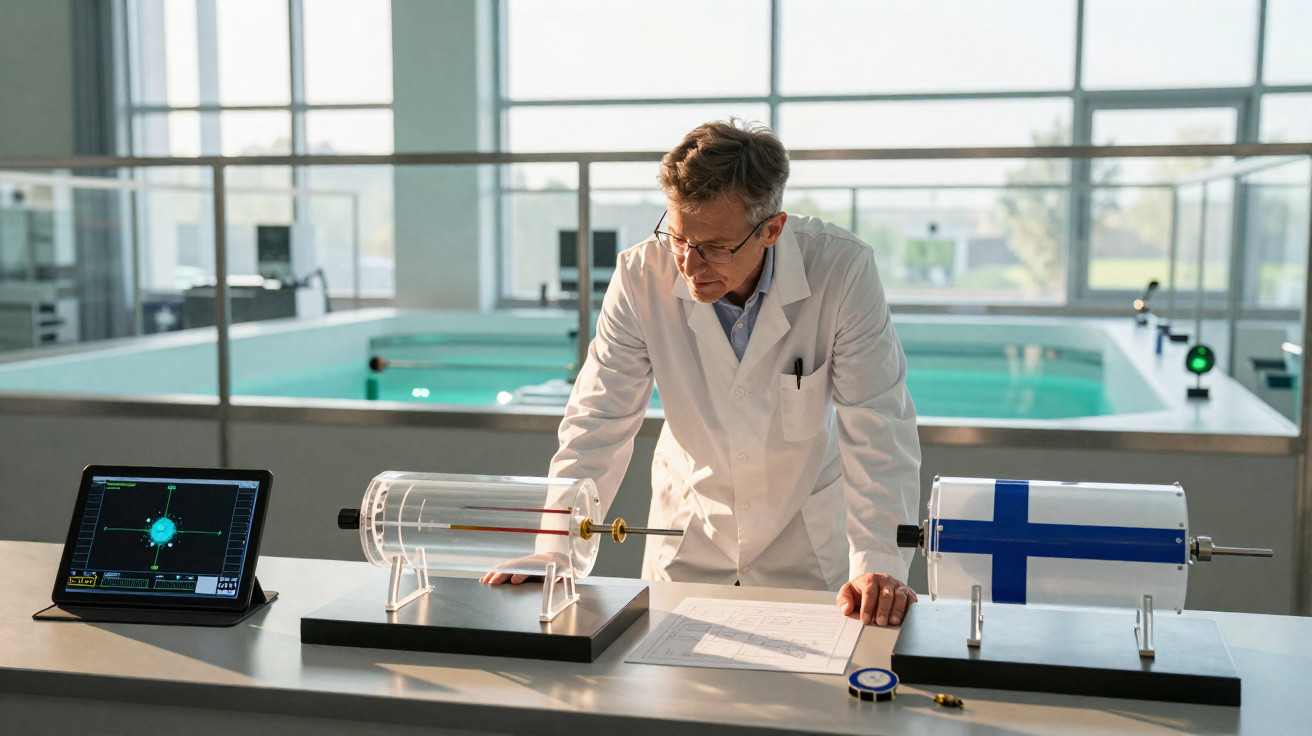 Wissenschaftler im weißen Kittel untersucht Experiment mit rotierender Zylindereinheit im hellen Laborraum.