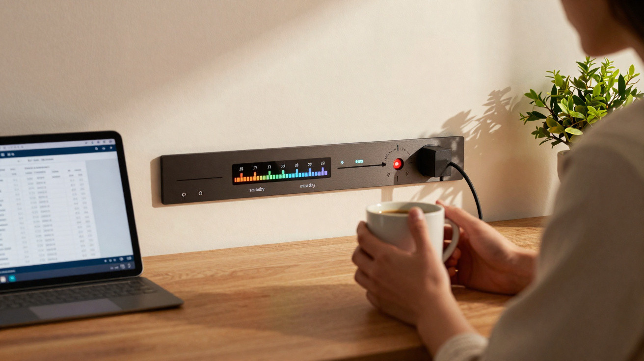 Person hält Tasse vor einer Steckdosenleiste mit LED-Anzeige, Laptop auf Holztisch, Pflanze im Hintergrund.