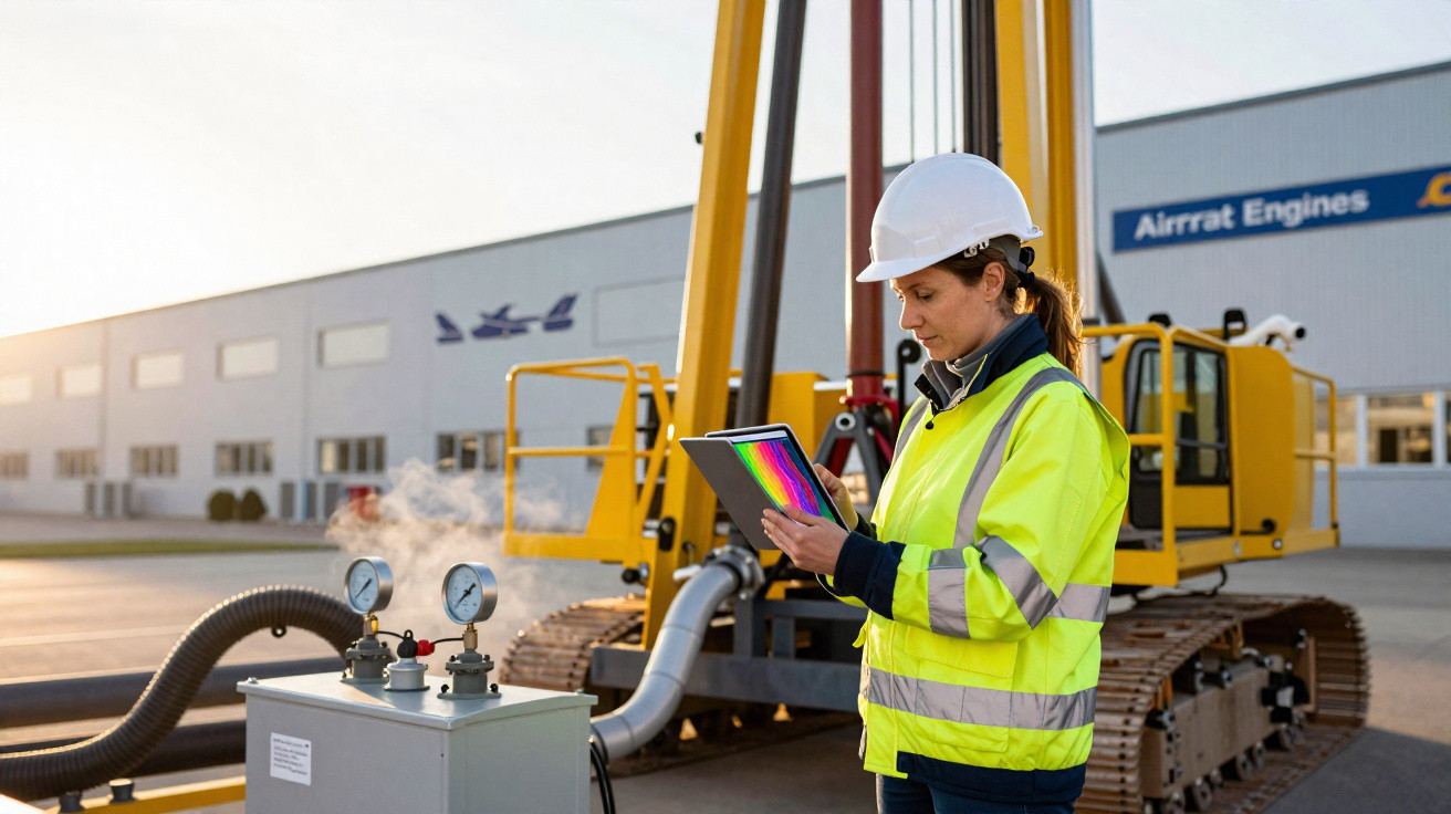 Frau im Schutzhelm und Warnweste bedient digitale Messgeräte vor Baumaschine auf Industriegelände.