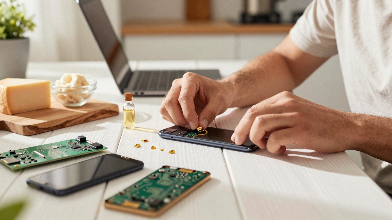 Person repariert Smartphone mit kleinen elektronischen Teilen an einem weißen Tisch neben Laptop und Käse.