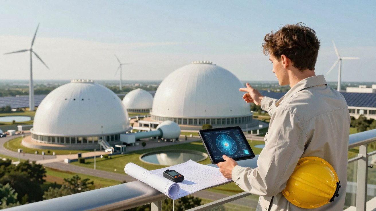Ingenieur mit Tablet und Bauplänen beobachtet Biogasanlage mit weißen Kuppeln und Windrädern im Hintergrund.