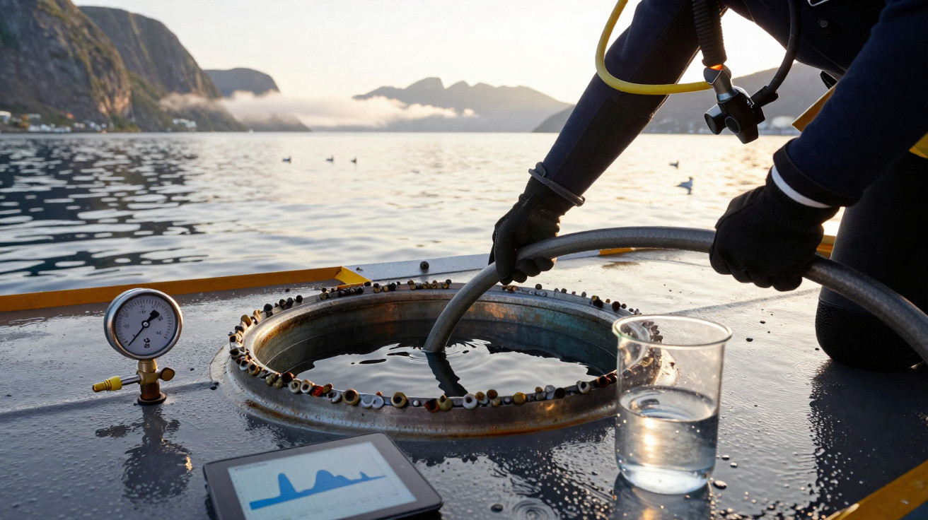 Taucher entnimmt Wasserprobe aus rundem Messgerät auf Boot mit Gebirgslandschaft im Hintergrund bei Sonnenuntergang.