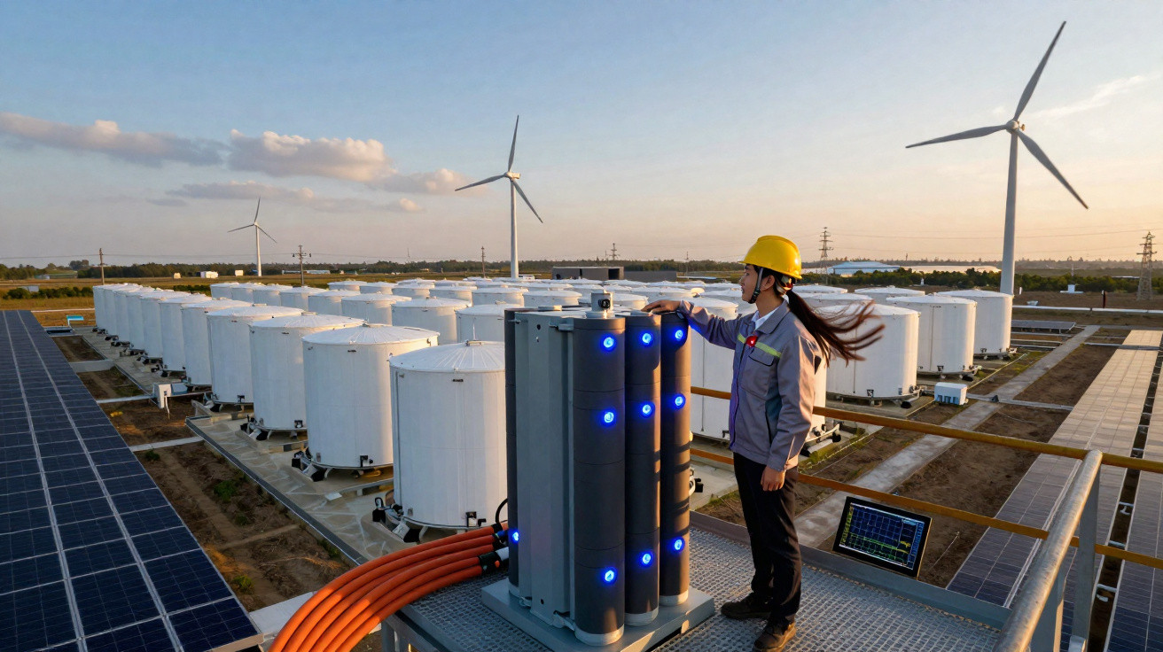 Technikerin mit Helm prüft Energiespeicher vor Windrädern und Solarpanels bei Abendlicht.