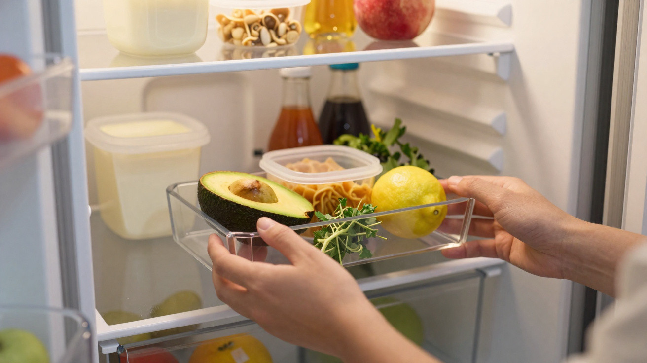 Hände stellen eine transparente Box mit Avocado, Zitrone, Kräutern und Nudeln in einen Kühlschrank.