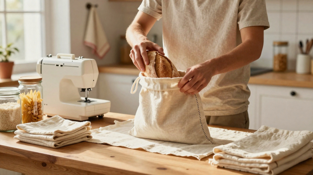 Person packt frisches Brot in einen wiederverwendbaren Stoffbeutel in einer hellen Küche.