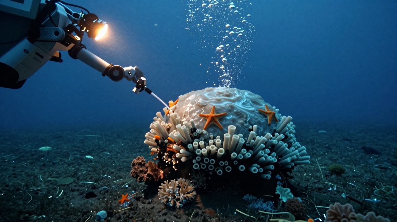 Roboterarm mit Licht untersucht Koralle mit Seesternen und Röhrenwürmern auf Meeresgrund unter Wasser.