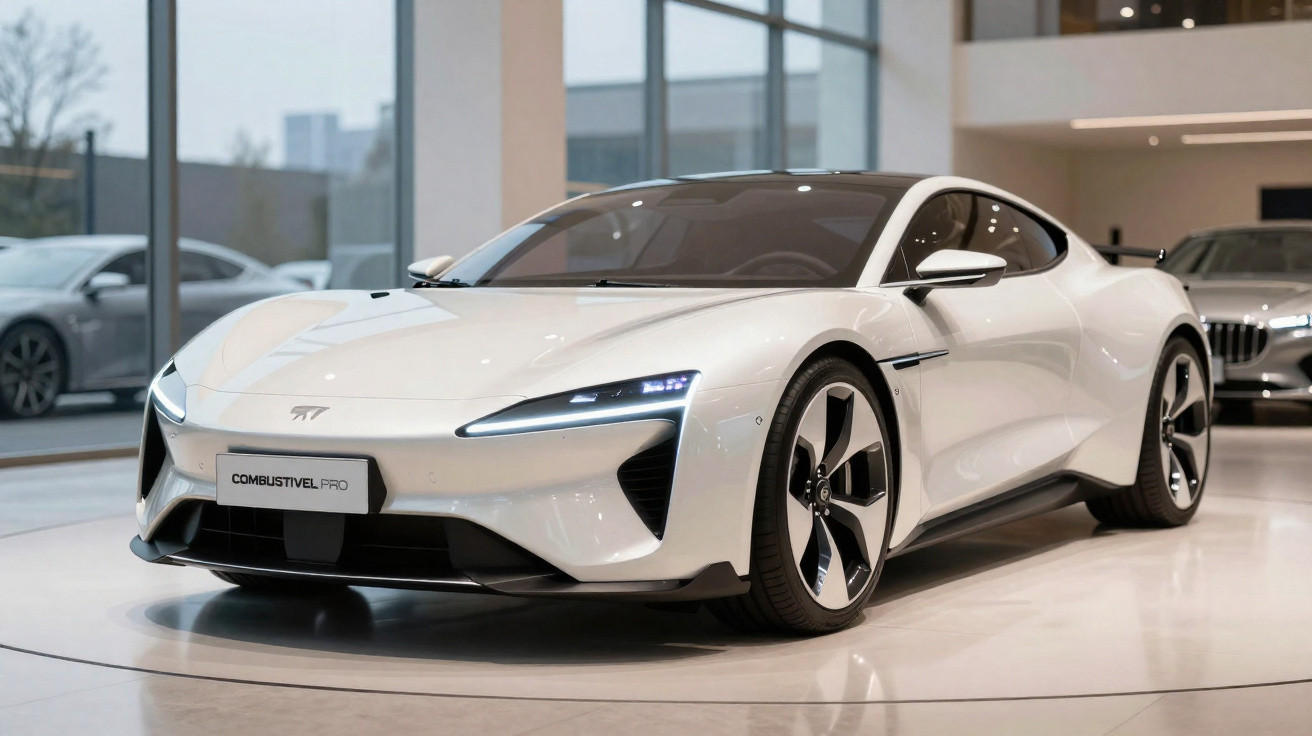 Weißer Sportwagen mit LED-Scheinwerfern in modernem Showroom auf glänzendem Boden stehend.