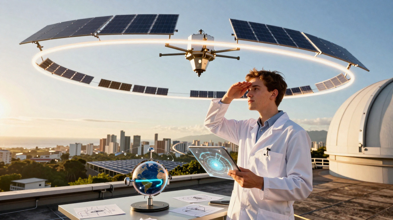 Wissenschaftler in weißem Kittel analysiert holografisches Sonnensystemmodell auf Dach mit Solarpanel-Satellitenring.