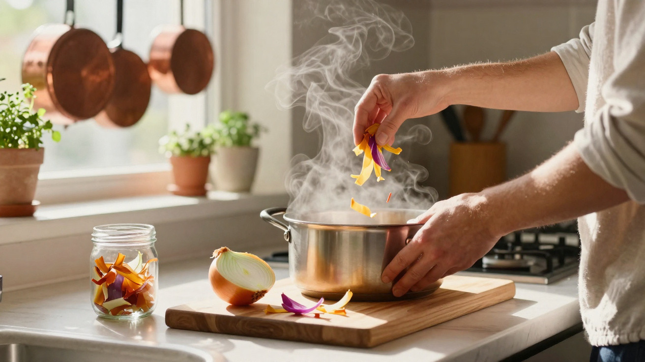 Person gibt geschnittenes Gemüse in einen dampfenden Kochtopf in einer hellen Küche am Fenster.