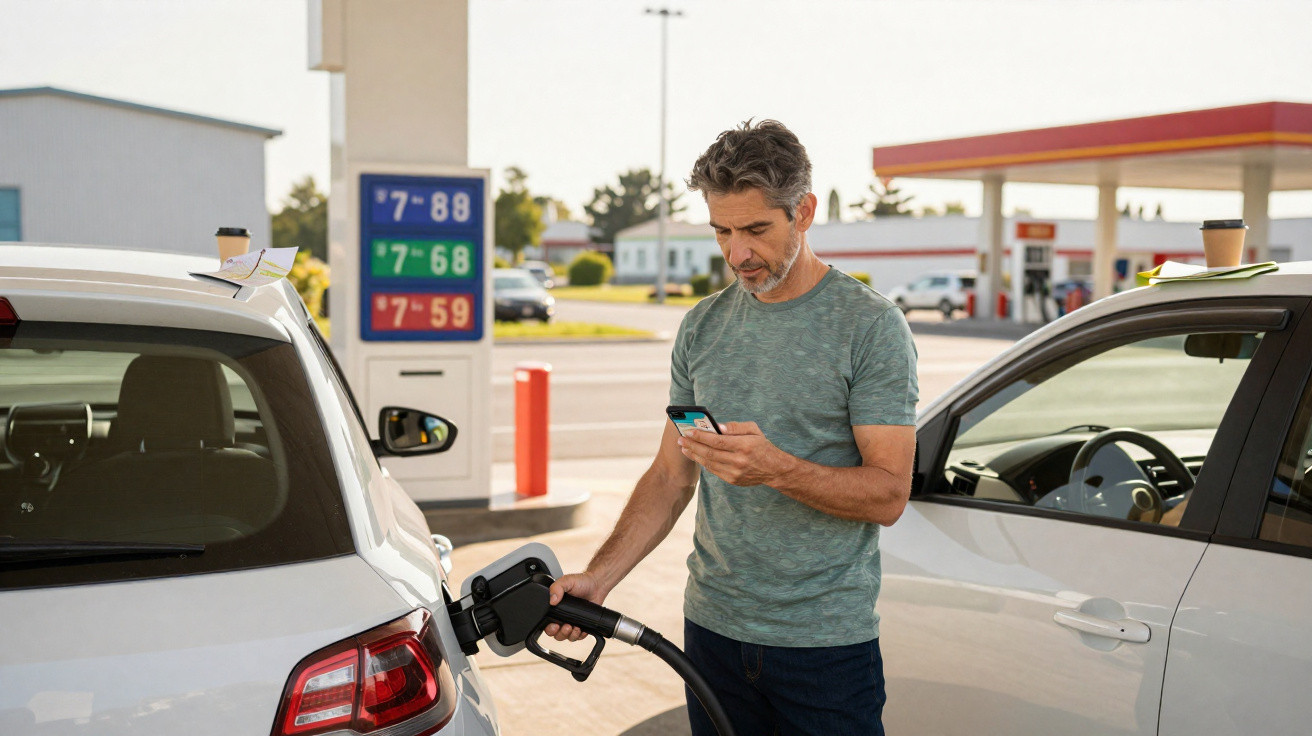 Mann tankt Auto an Zapfsäule und schaut auf sein Smartphone an einer Tankstelle bei Tageslicht.