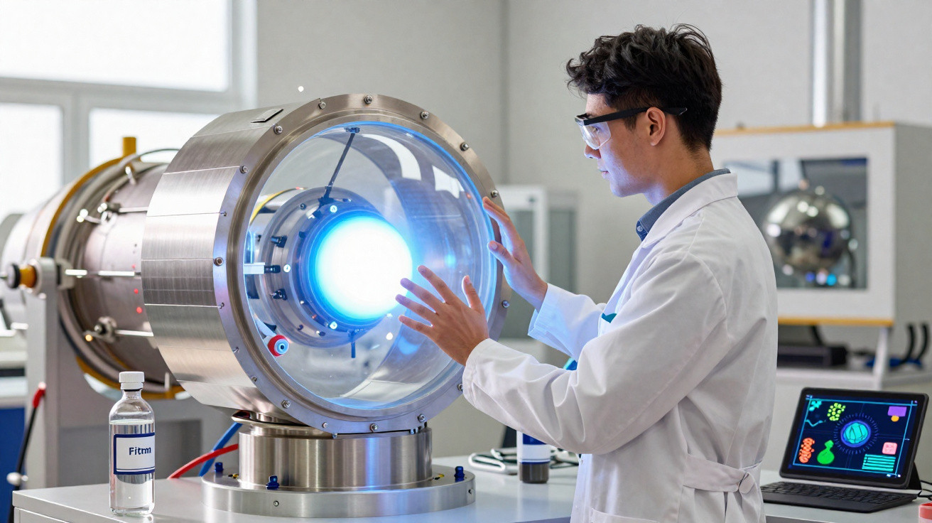 Wissenschaftler im Laborkittel untersucht futuristisches, leuchtendes Gerät in modernem Labor.