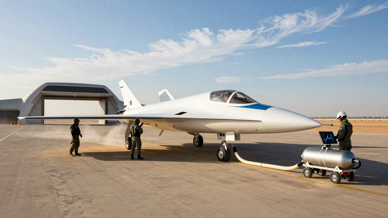 Weißes futuristisches Militärflugzeug auf Flugfeld, umgeben von drei Personen in Uniform mit technischem Gerät.