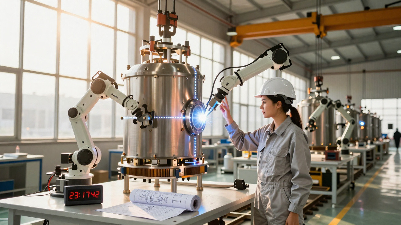 Ingenieurin mit Helm bedient Industrieroboter an metallischer Maschine in moderner Fabrikhalle.