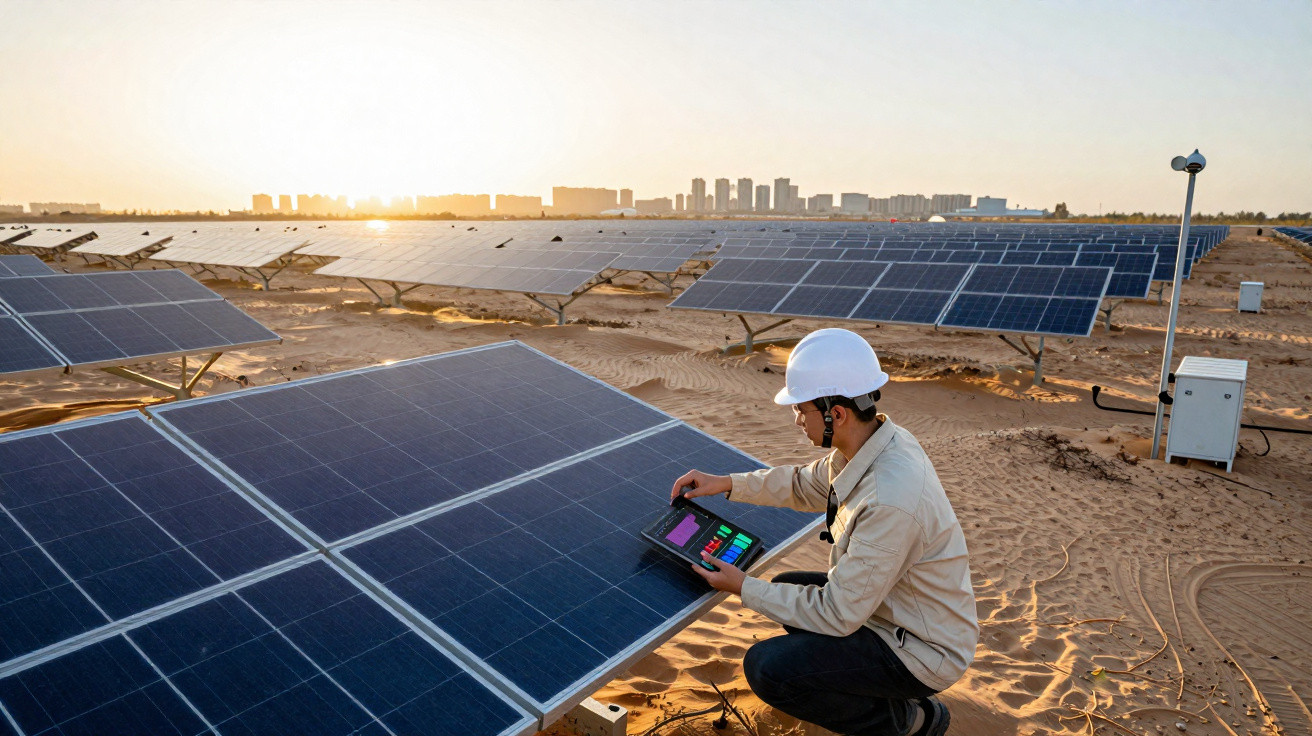 Techniker mit Helm überprüft Solarpanele in einer großen Sonnenkollektoranlage bei Sonnenuntergang in der Wüste.