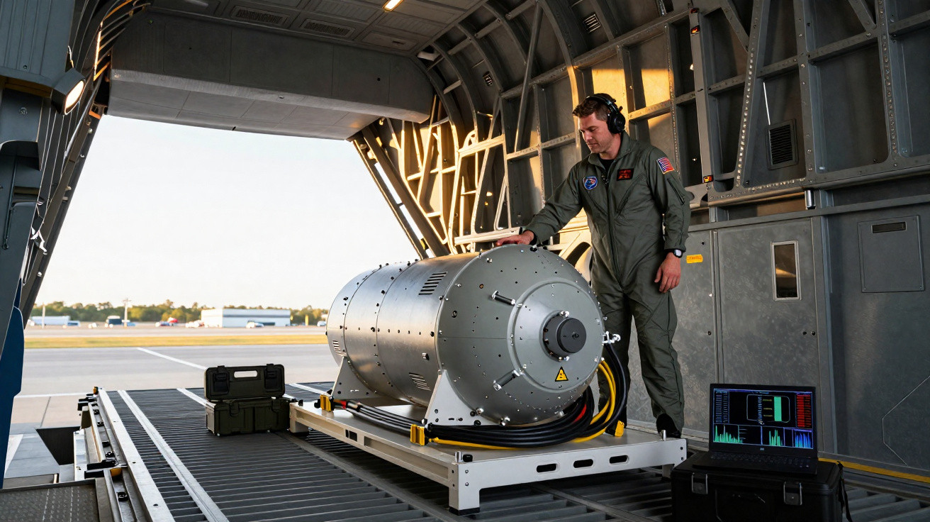 Ein Mann in Fluganzug mit Kopfhörern steht neben einer großen Metallladung im Laderaum eines Flugzeugs.