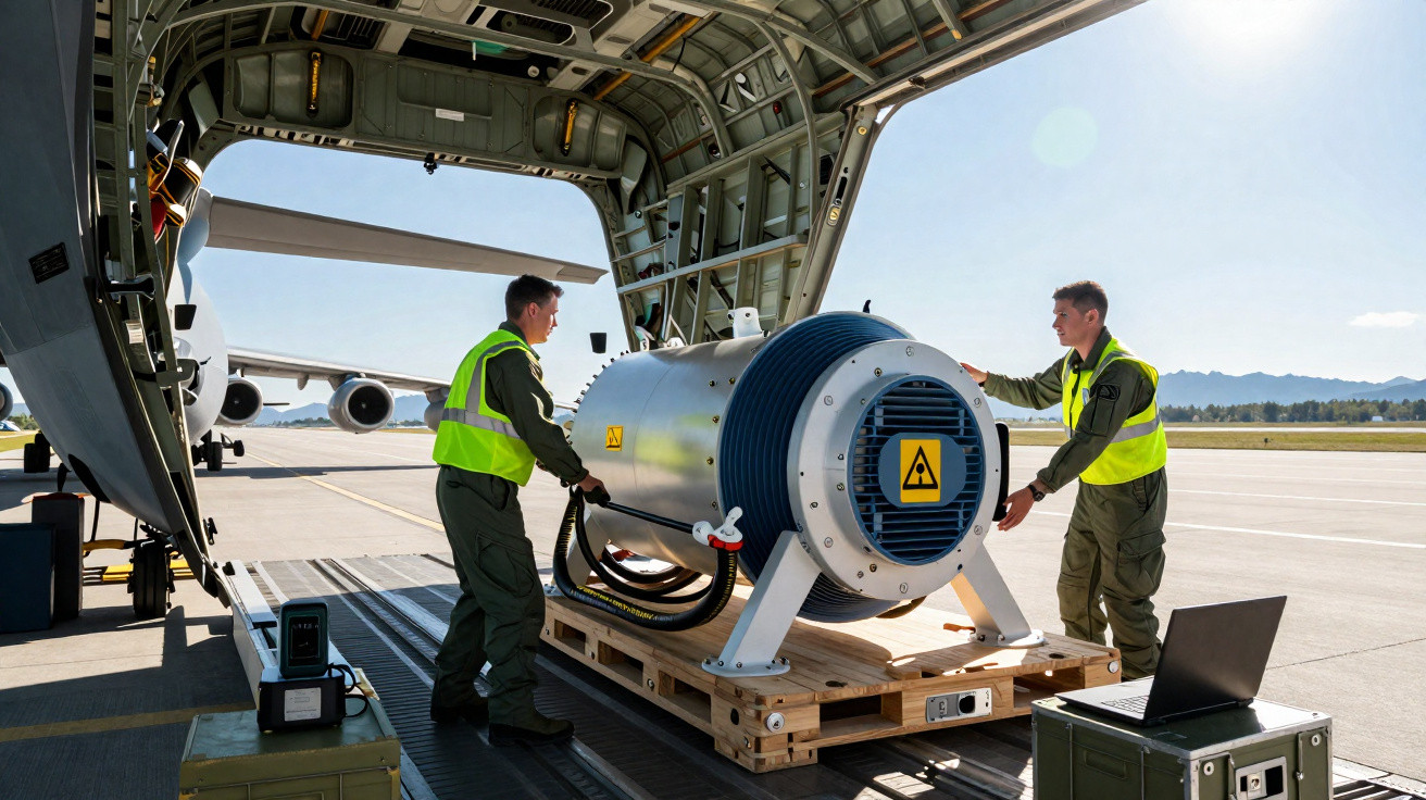 Zwei Soldaten verladen eine große technische Ausrüstung von einem Transportflugzeug auf dem Flugfeld.