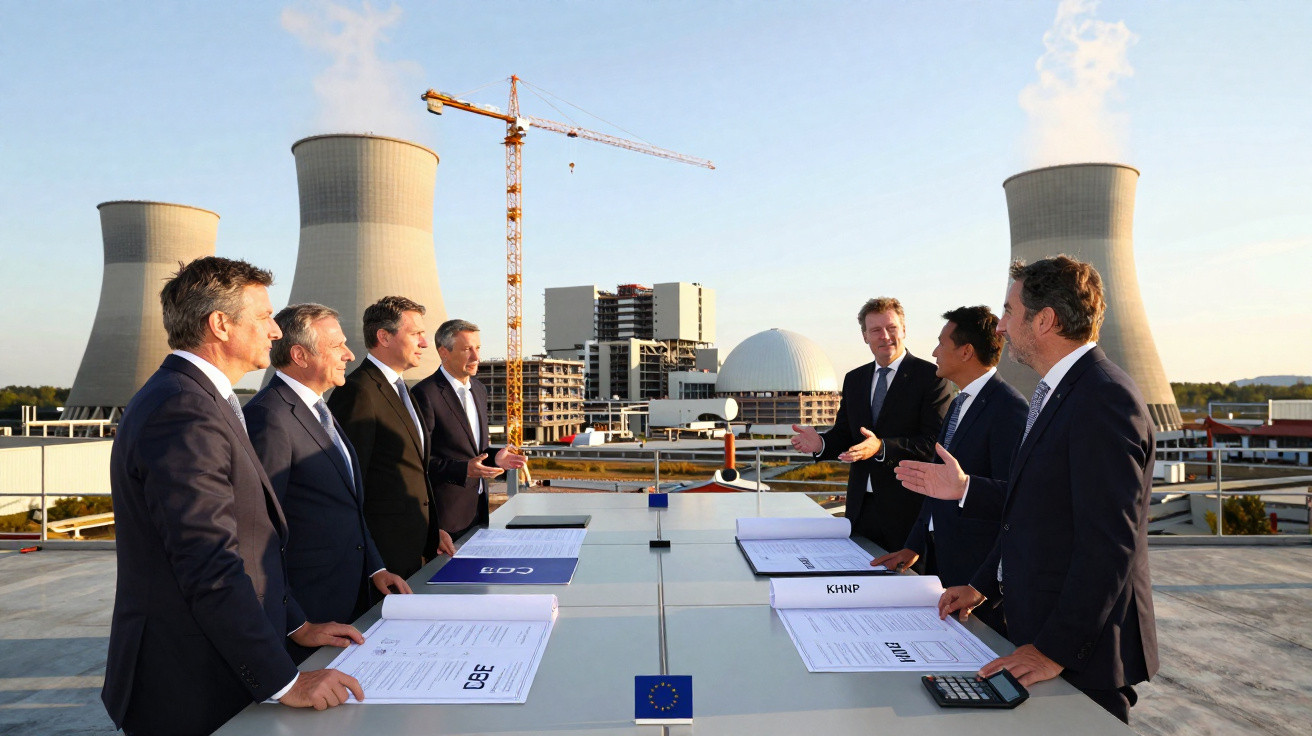 Sechs Männer in Anzügen stehen an einem Tisch vor einem Atomkraftwerk mit Kühltürmen und Baukran bei Sonnenuntergang.