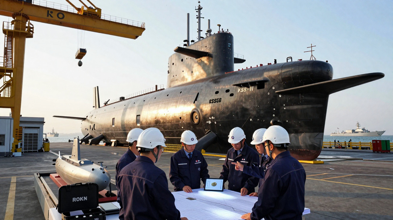 Sechs Arbeiter mit Schutzhelmen prüfen Pläne vor einem großen schwarzen U-Boot im Hafen bei Tageslicht.