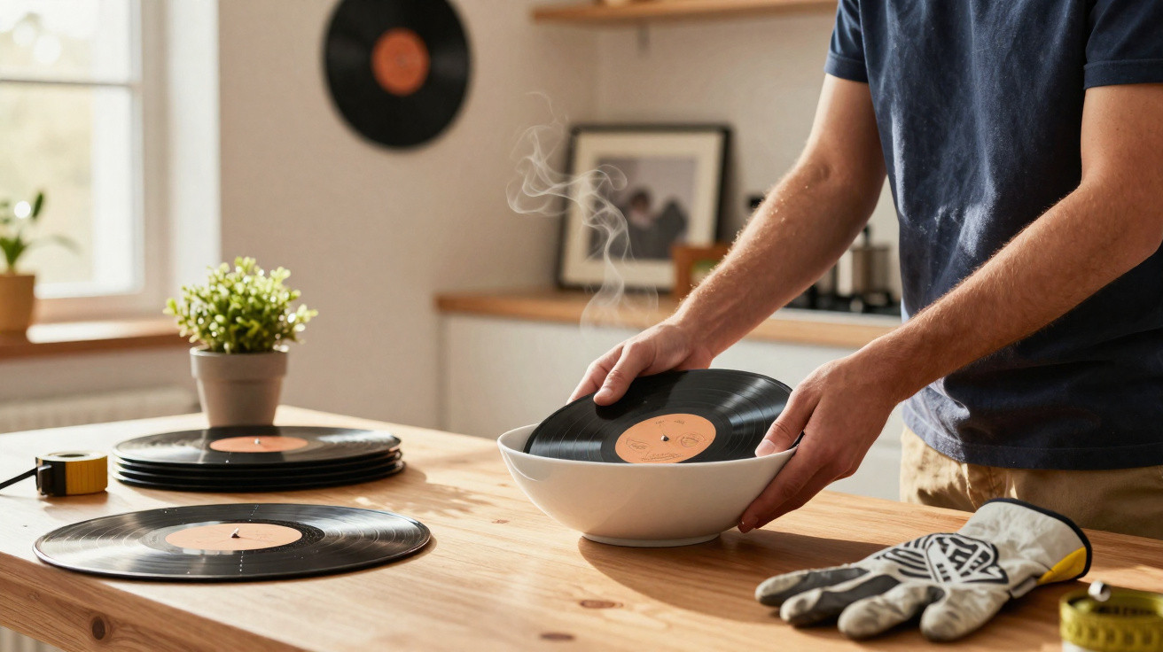 Person legt Schallplatte in eine Schüssel mit Dampf, mehrere Schallplatten liegen auf einem Holztisch in der Küche.