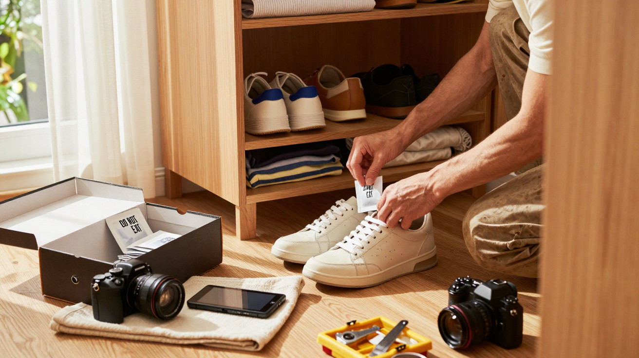 Person legt Einlegesohlen in weiße Turnschuhe vor einem Schuhschrank mit weiteren Schuhen und Kameras abseits.