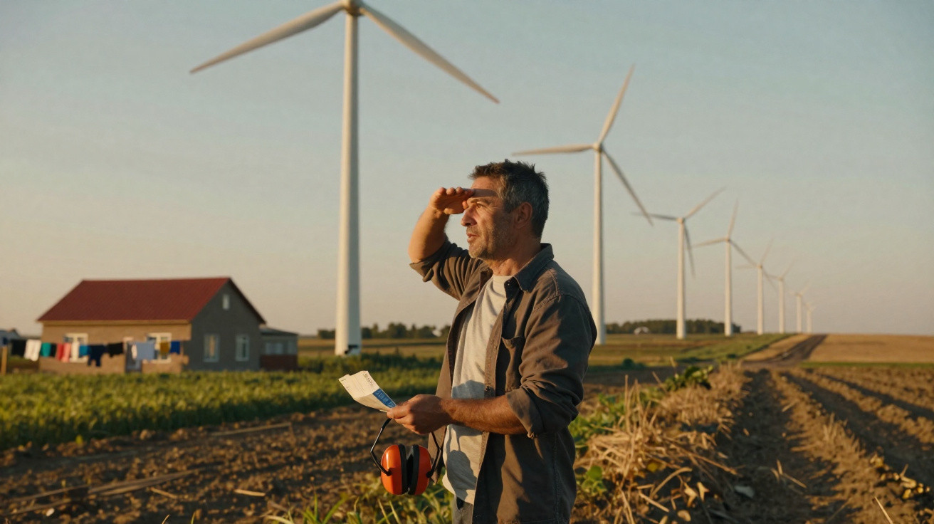 Bauer steht auf Feld mit Windrädern im Hintergrund und schaut in die Ferne, hält Plan und Gehörschutz.