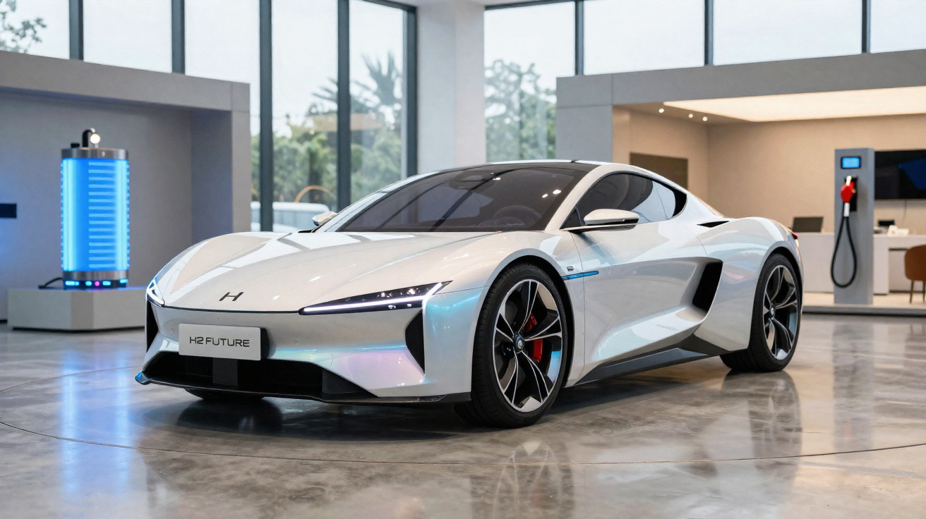 Weißer moderner Sportwagen H2 Future in einem hellen Showroom mit großen Fenstern und Ladestationen.